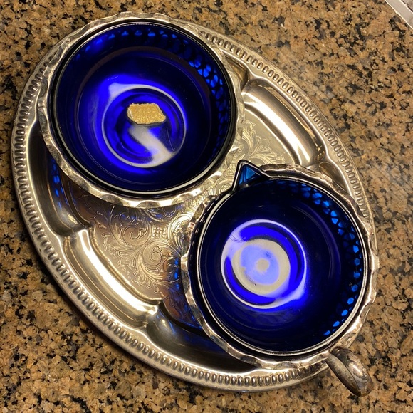 Vintage Silver Plate Cobalt Blue Glass Sugar & Creamer Set Made In England - Picture 2 of 14